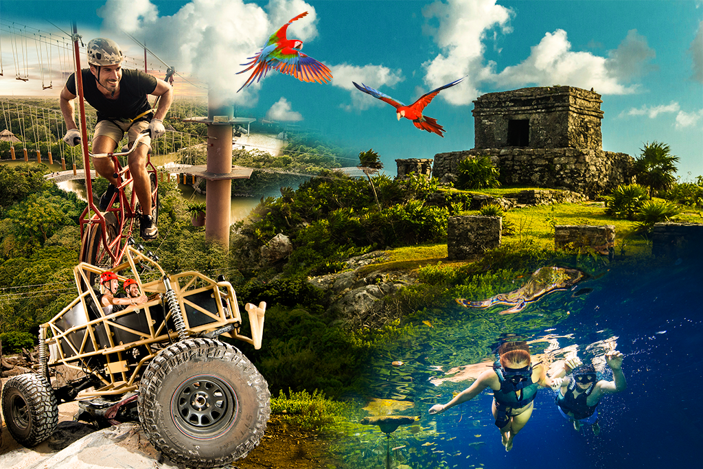  Adventure parks and Mayan ruins in the Riviera Maya, like Xcaret, Tulum, and cenotes.