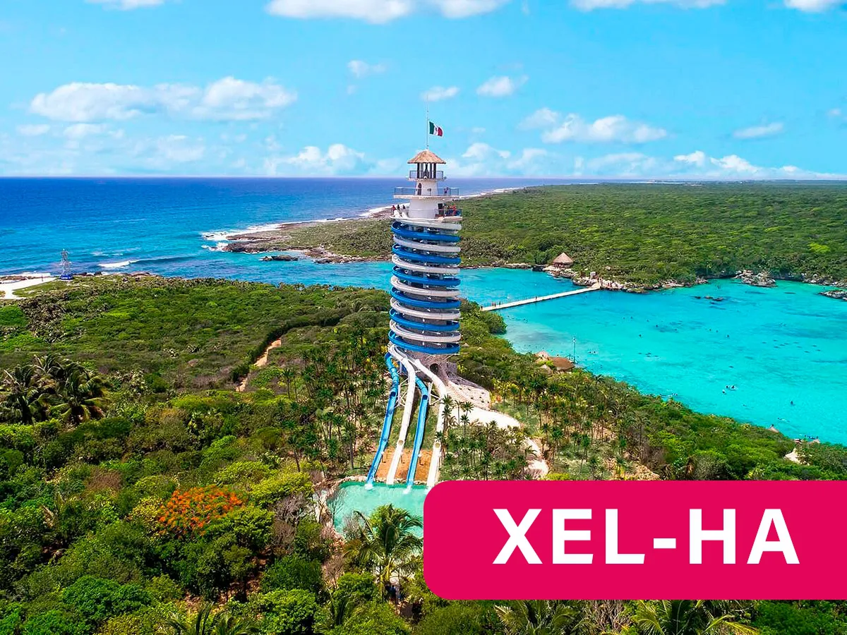 Sky view of XEL-HA Park, lookout place, and cove.